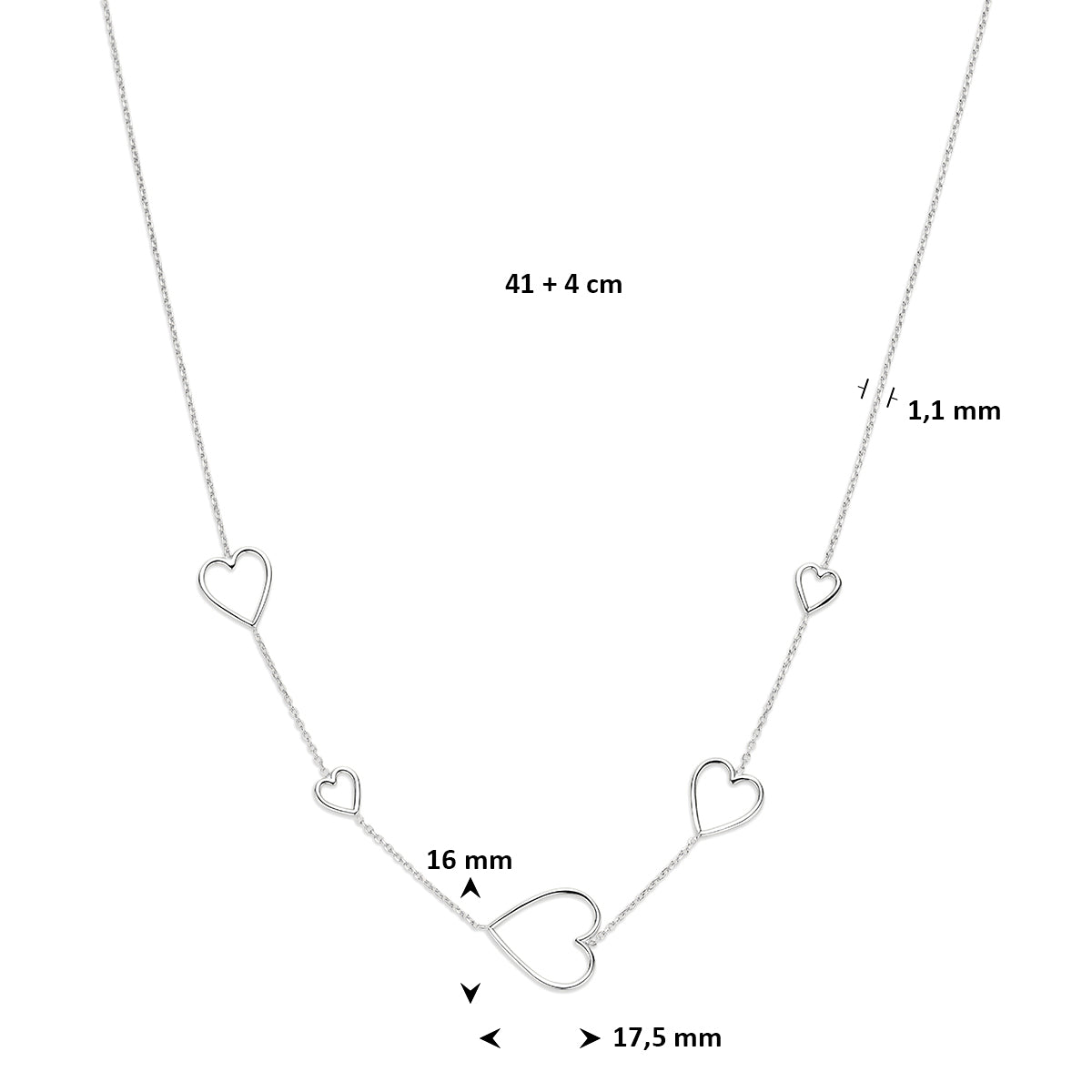 Collier hartjes zilver gerhodineerd 41 + 4 cm