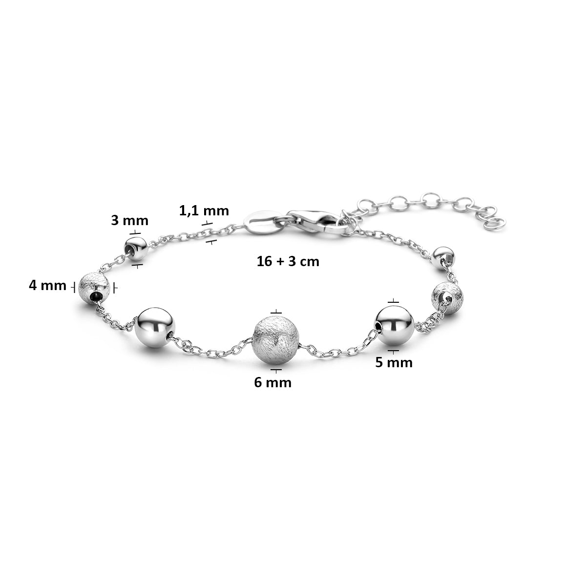 Armband bolletjes poli/mat zilver gerhodineerd 16 + 3 cm