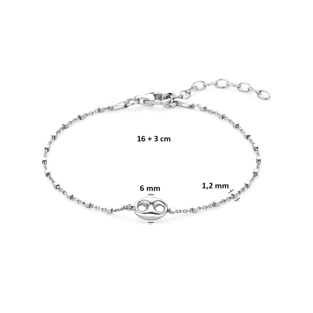Armband koffieboon zilver gerhodineerd 16 + 3 cm