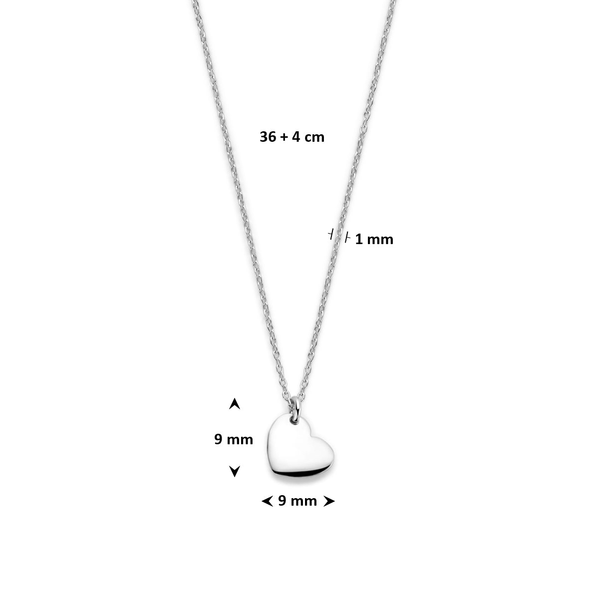 Collier hartje zilver gerhodineerd 36 + 4 cm