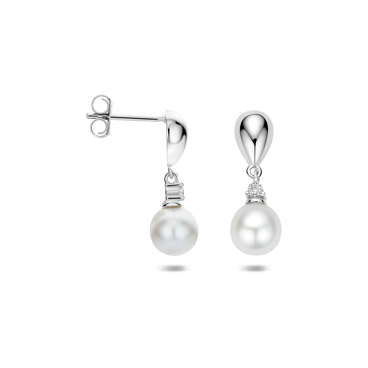 Oorhangers parel en zirkonia zilver gerhodineerd 20 mm