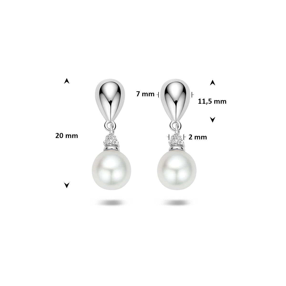 Oorhangers parel en zirkonia zilver gerhodineerd 20 mm