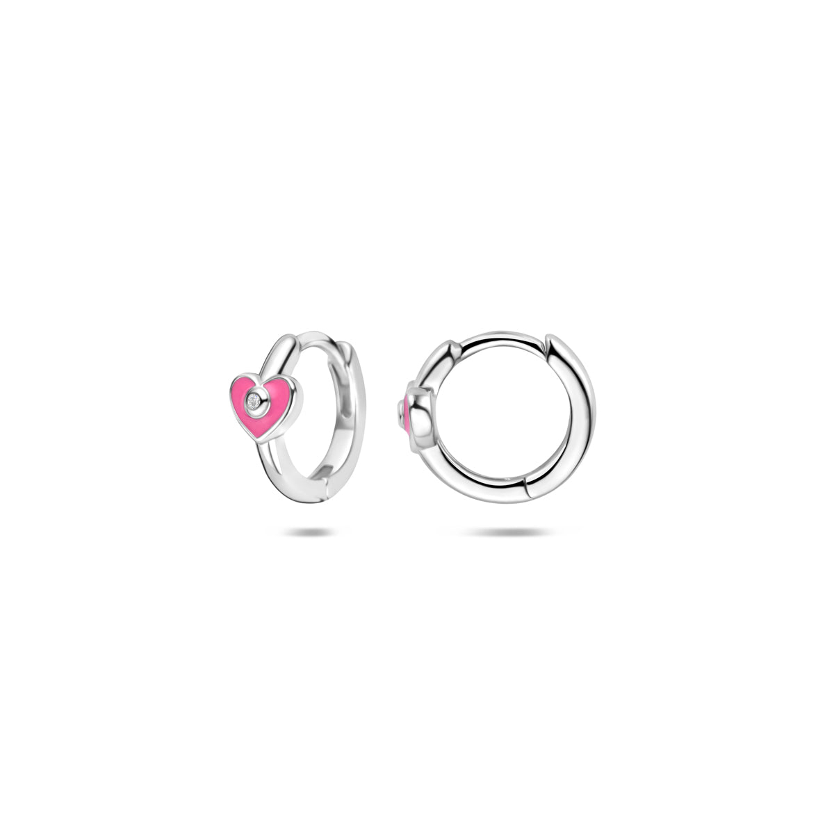 Klapoorringen hartje roze emaille en zirkonia zilver gerhodineerd 9,5 mm