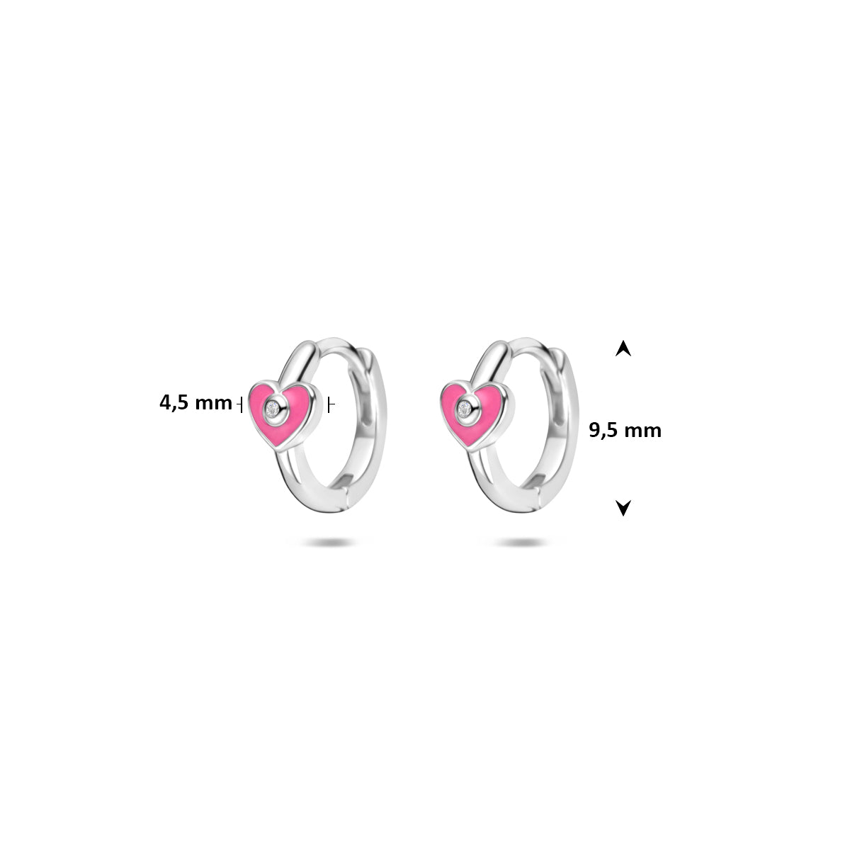 Klapoorringen hartje roze emaille en zirkonia zilver gerhodineerd 9,5 mm