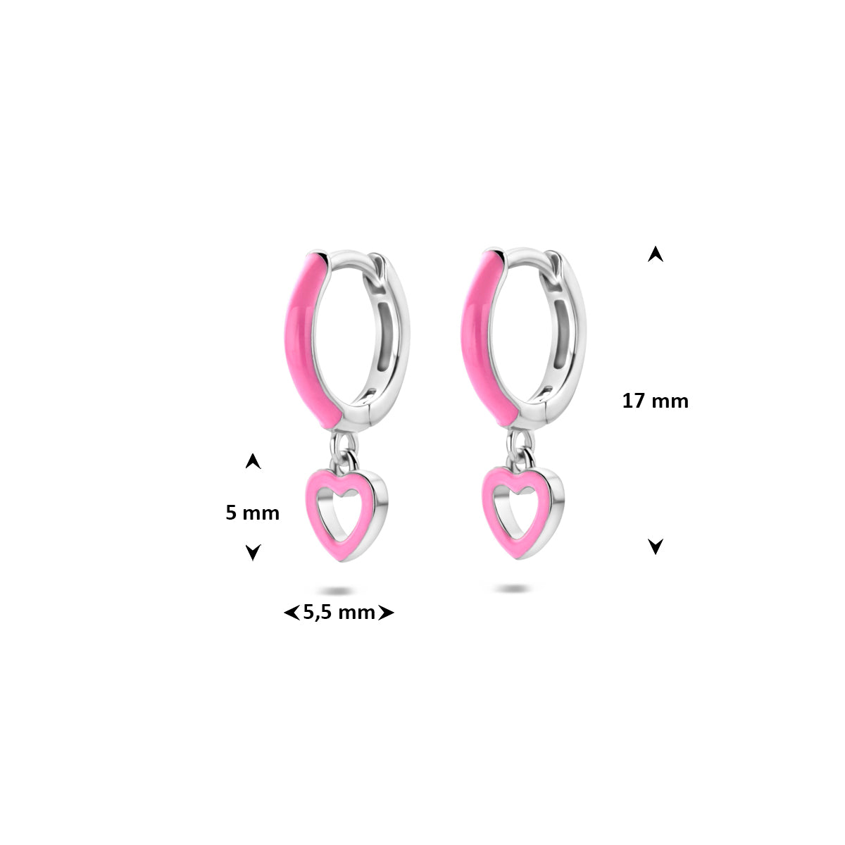 Oorringen hartjes roze emaille zilver gerhodineerd 17 mm
