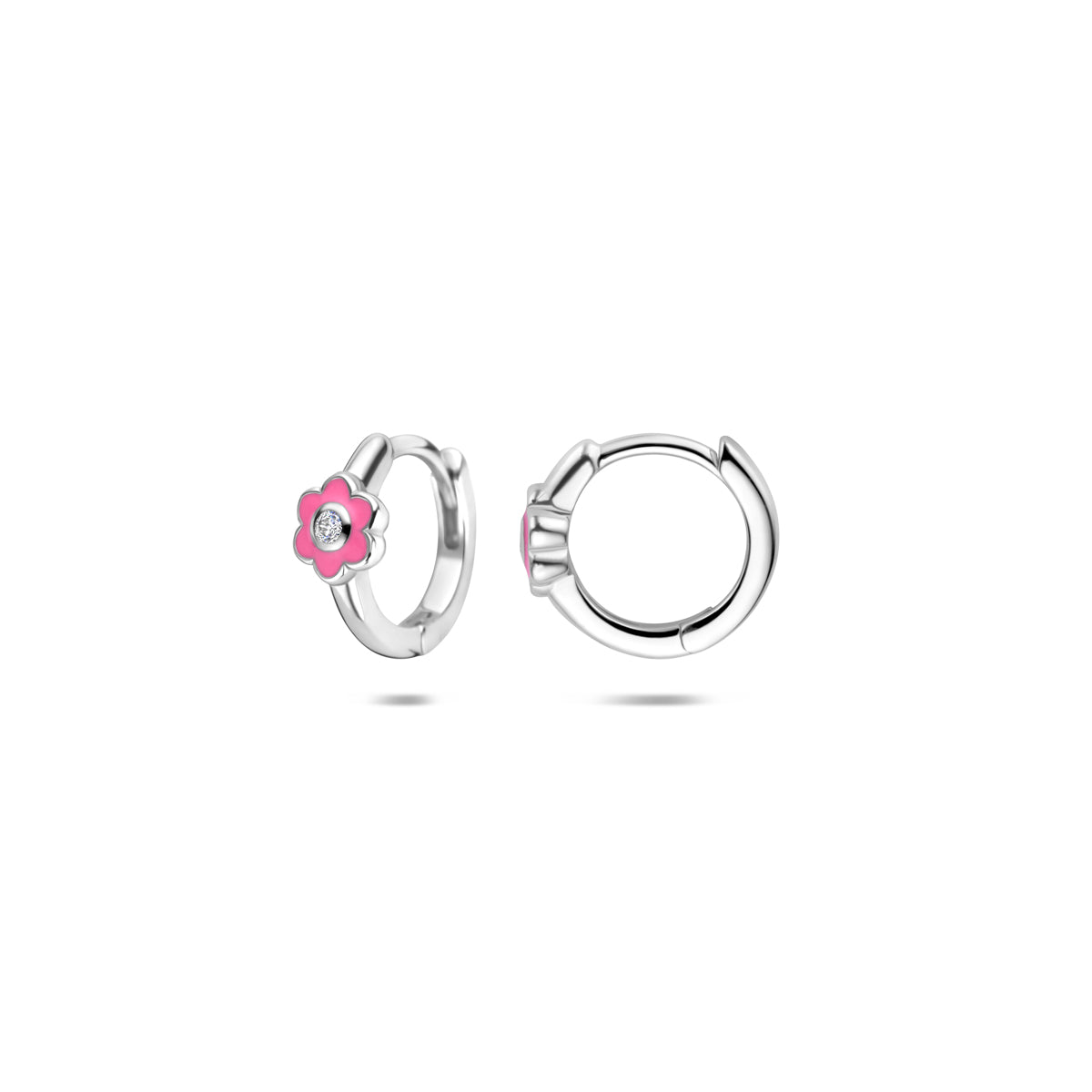 Klapoorringen bloem roze emaille zilver gerhodineerd 10 mm