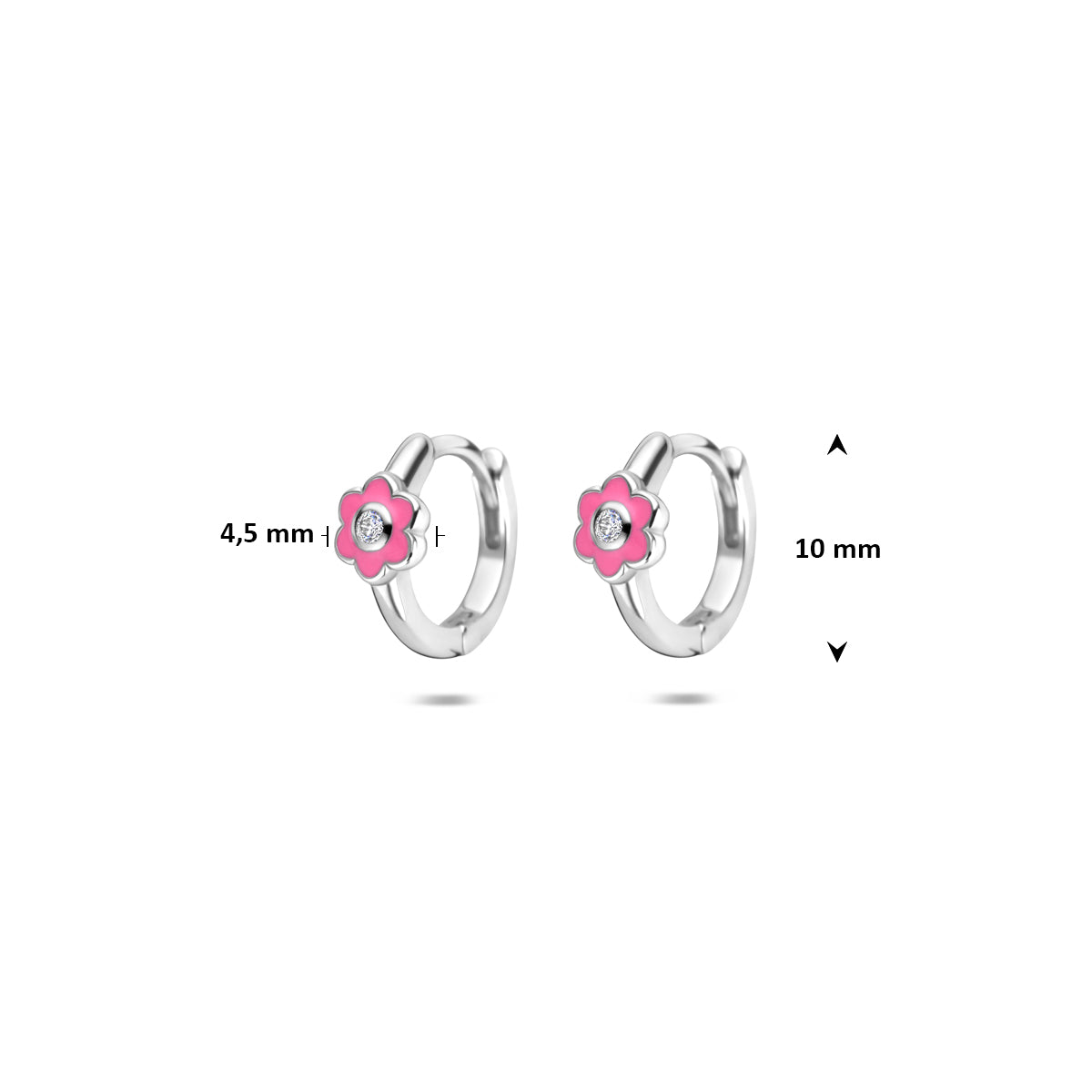 Klapoorringen bloem roze emaille zilver gerhodineerd 10 mm