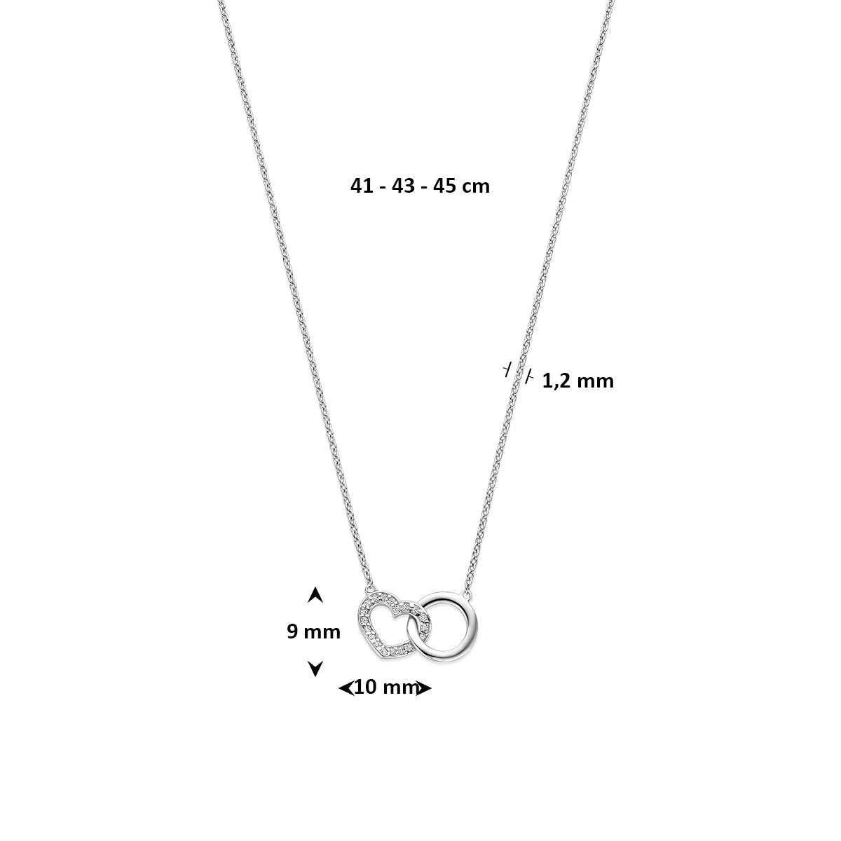 Collier rondje en hartje zirkonia zilver gerhodineerd 41 - 43 - 45 cm