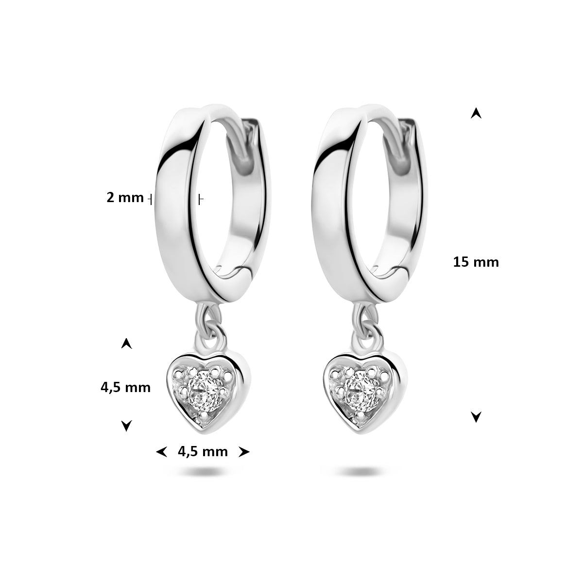 Oorringen hartje zirkonia zilver gerhodineerd 15 mm