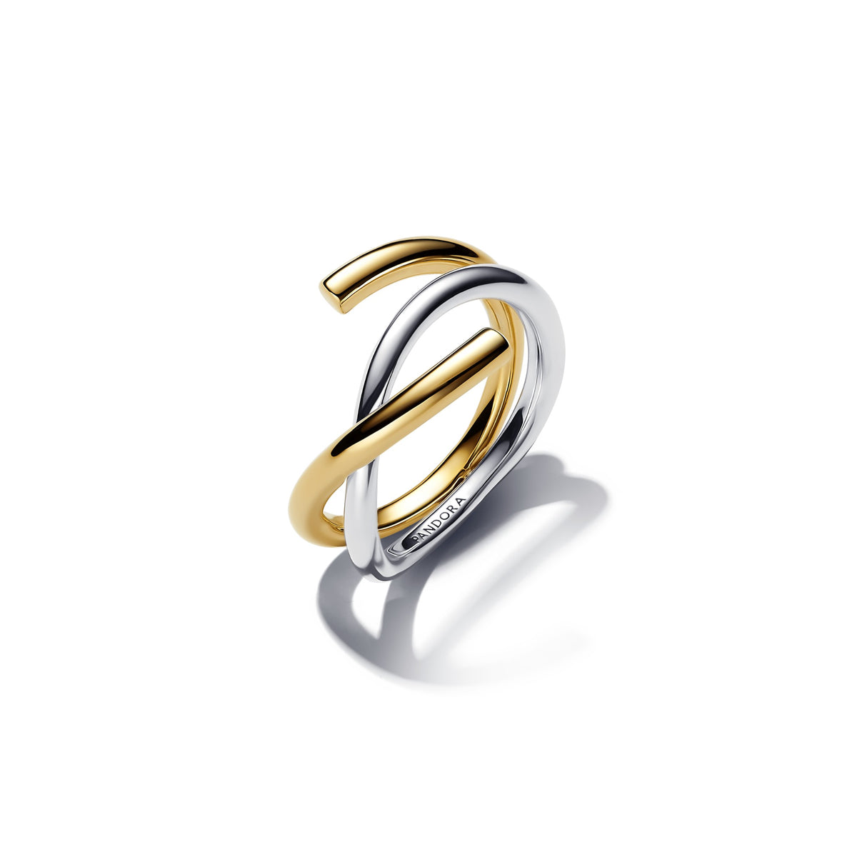 Pandora Organisch Gevormde Tweekleurige Dubbele Ring bicolor zilver en goudverguld