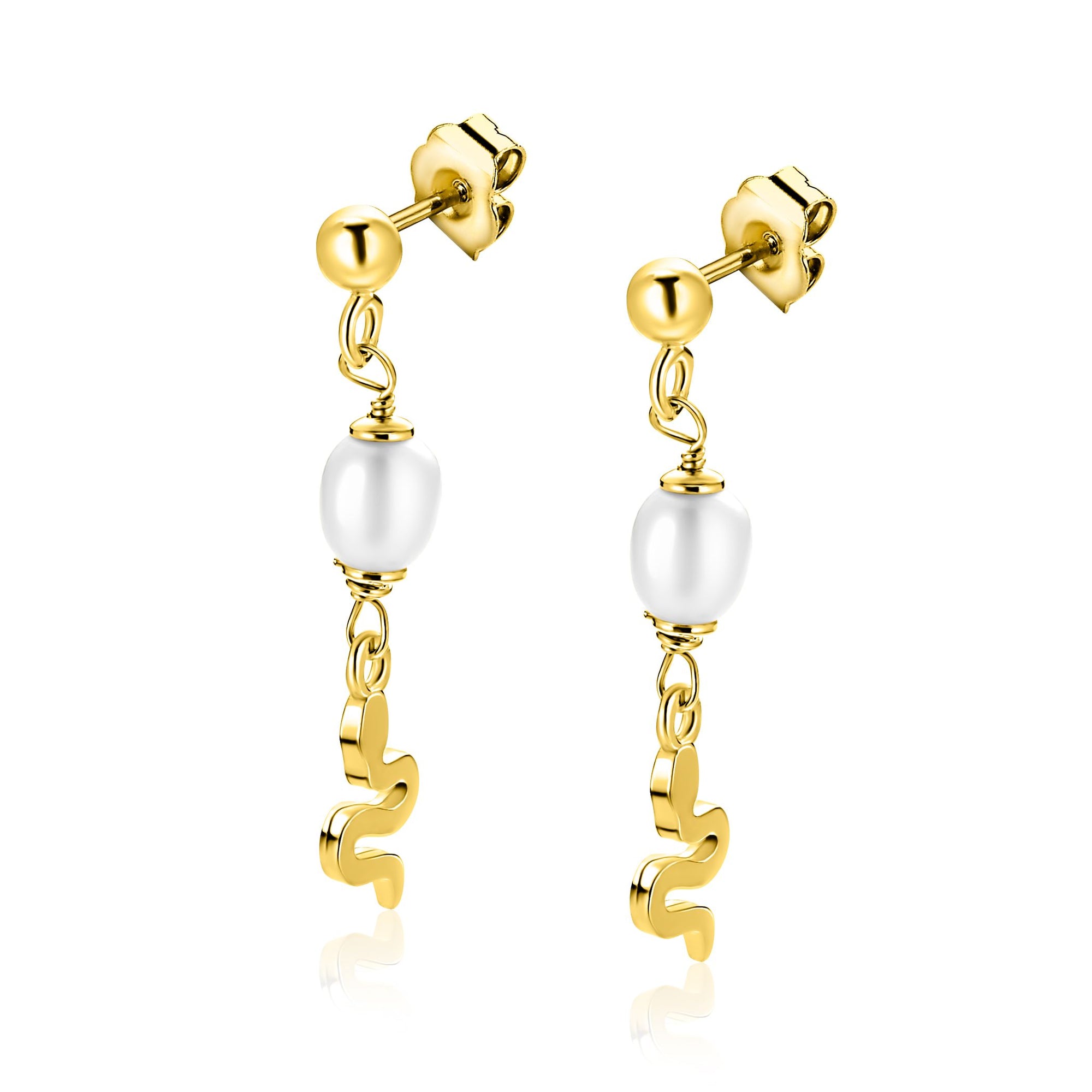 ZINZI gold plated zilveren oorstekers met slang en witte zoetwaterparel 35mm ZIO2761 - PansiteNederland.nl