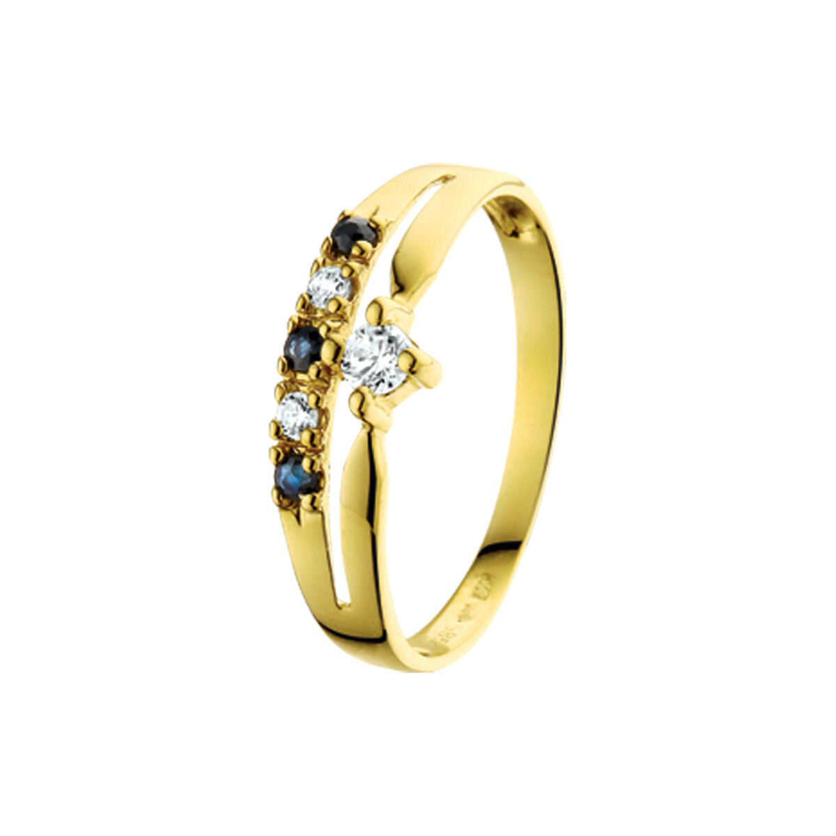 14K Geelgouden Ring met Zirkonia en Saffier