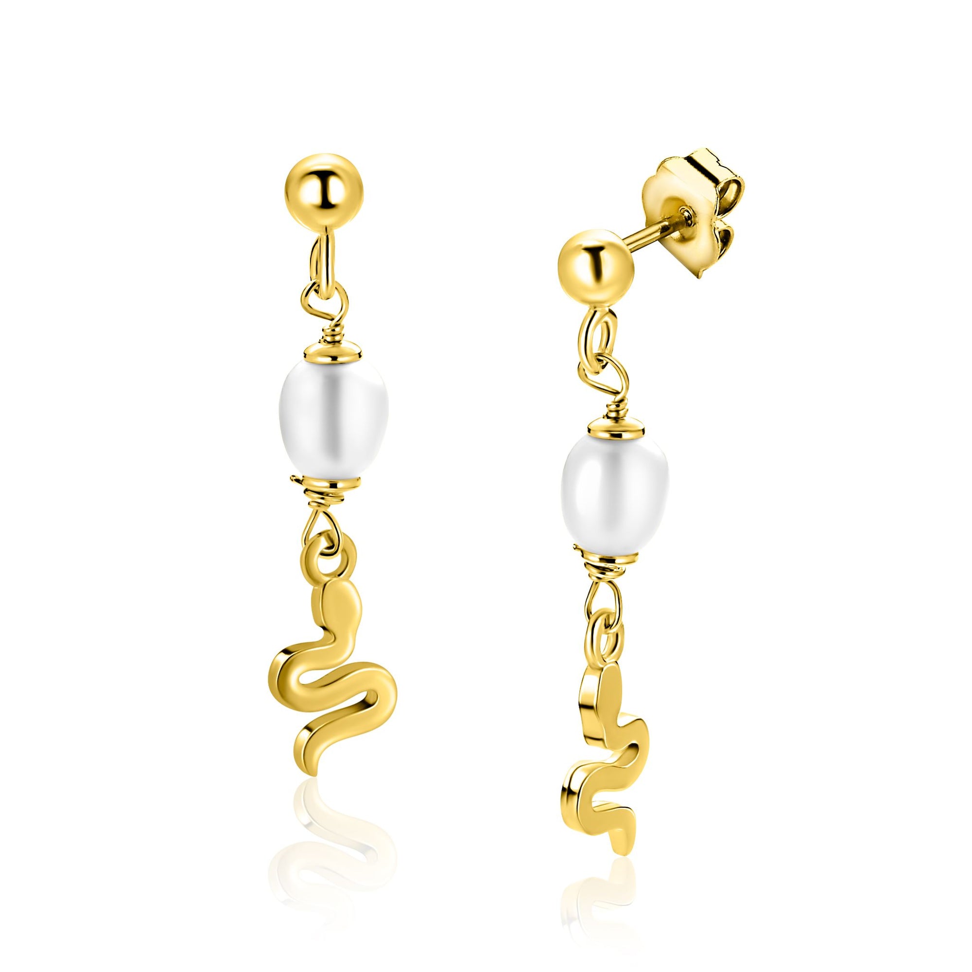 ZINZI gold plated zilveren oorstekers met slang en witte zoetwaterparel 35mm ZIO2761 - PansiteNederland.nl