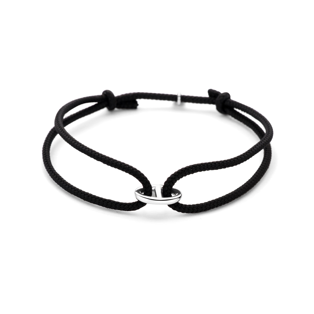 Armband katoen zwart 16 - 32 cm zilver gerhodineerd met rubber/nylon/leer