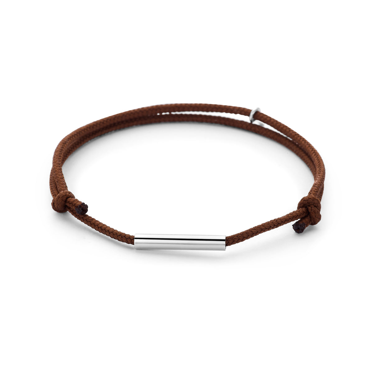Armband katoen bruin 16 - 32 cm zilver gerhodineerd met rubber/nylon/leer