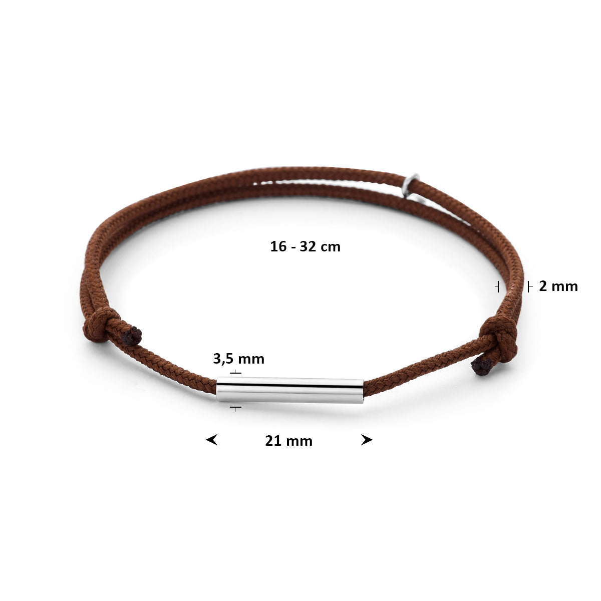 Armband katoen bruin 16 - 32 cm zilver gerhodineerd met rubber/nylon/leer