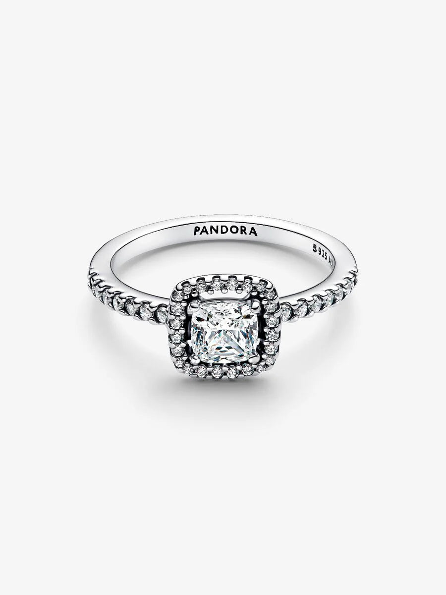 Pandora Vierkante Ring 193555C02 – Zilveren Ring met Zirkonia Halo