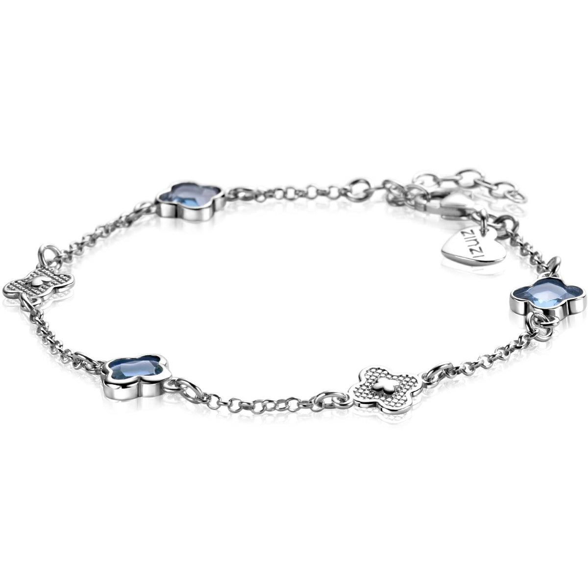 ZINZI zilveren schakel armband met twee zilveren en drie blauwe klavers 16-19cm ZIA2582 - PansiteNederland.nl