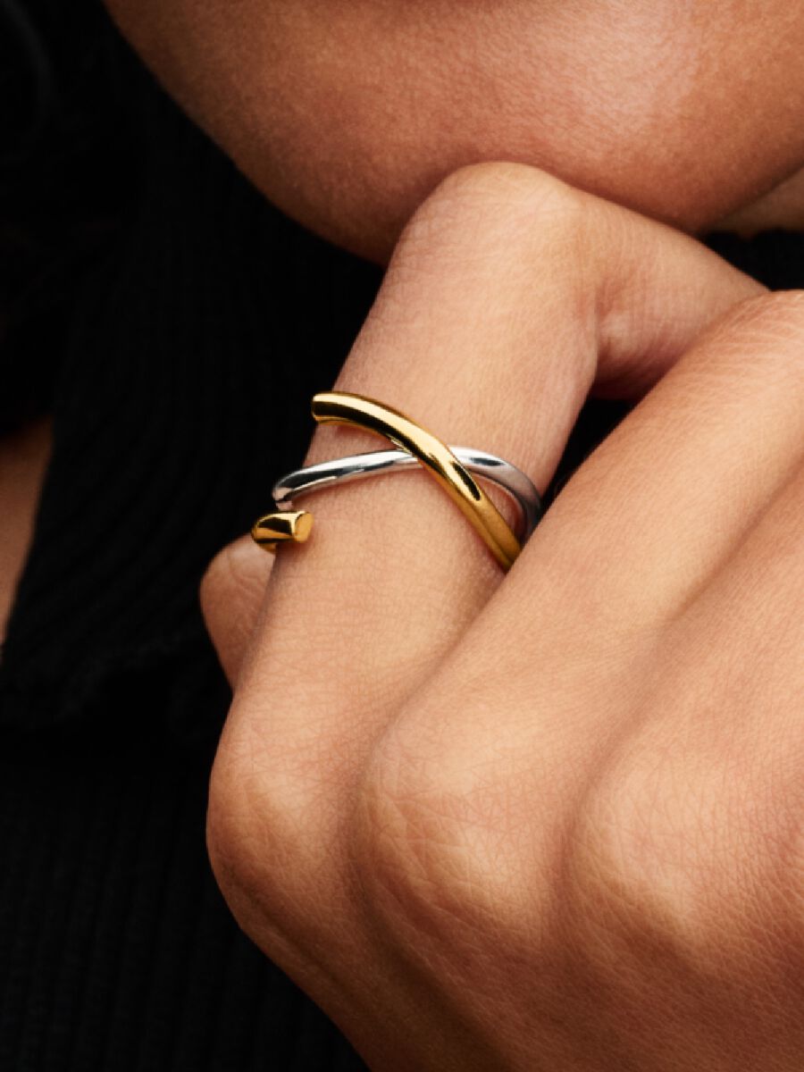 Pandora Organisch Gevormde Tweekleurige Dubbele Ring bicolor zilver en goudverguld - 163889C00