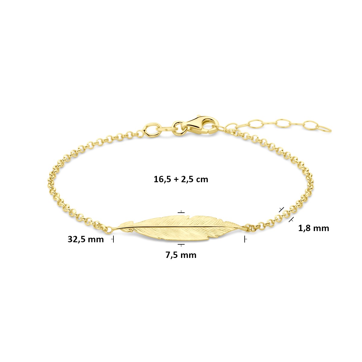 Armband veer 16,5 + 2,5 cm 3 micron zilver verguld