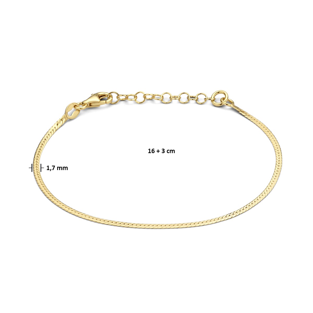 Armband plat 1,7 mm 16 + 3 cm 3 micron zilver verguld