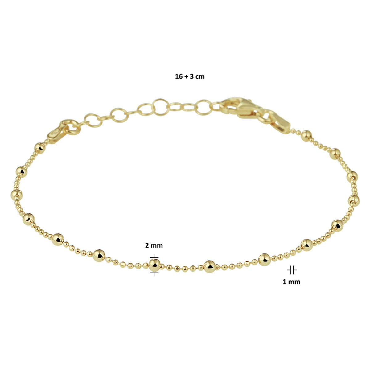 Fantasy Collection Armband bolletjes 2,0 mm 16 + 3 cm 3 micron zilver verguld