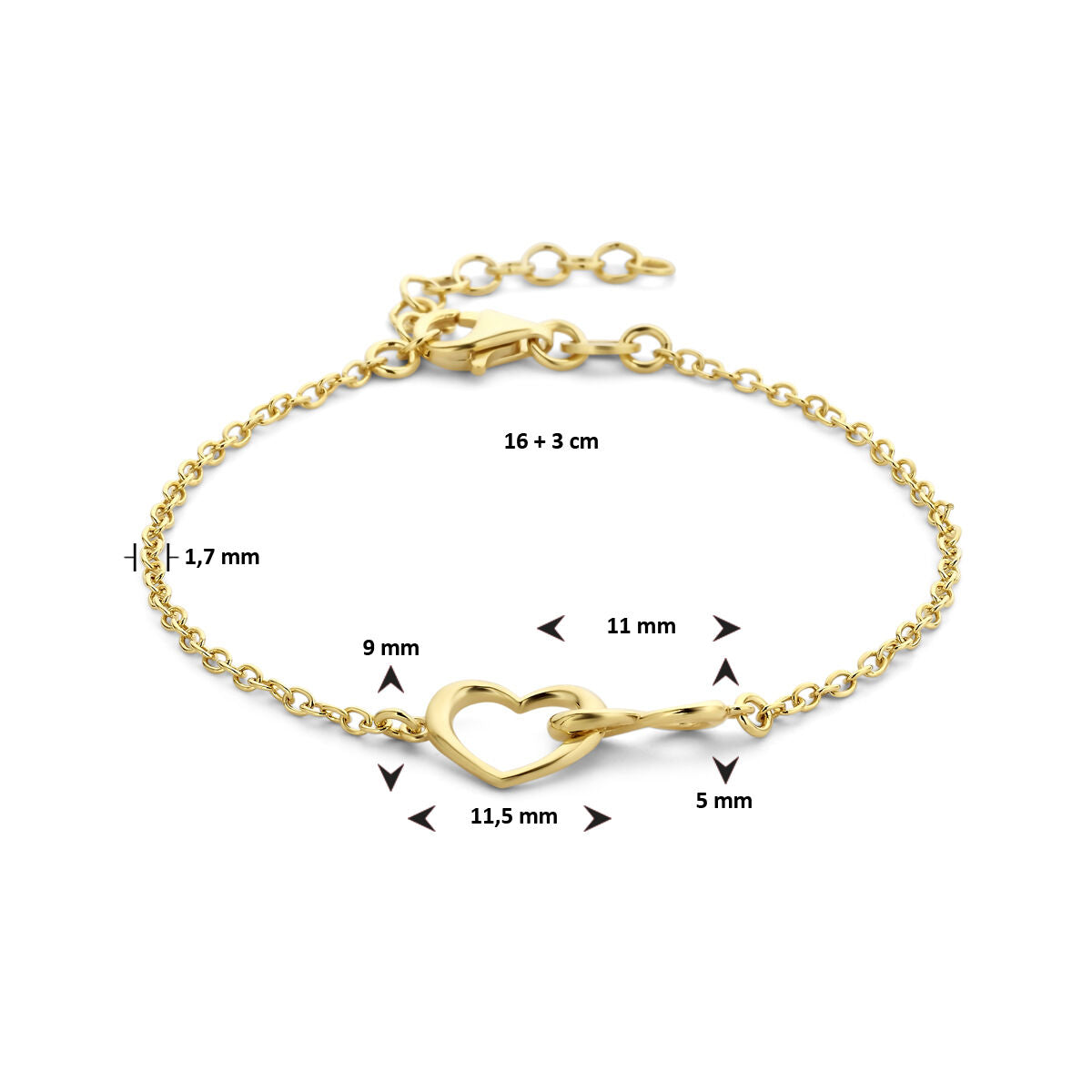 Fantasy Collection Armband hart en infinity 16 + 3 cm 3 micron zilver verguld