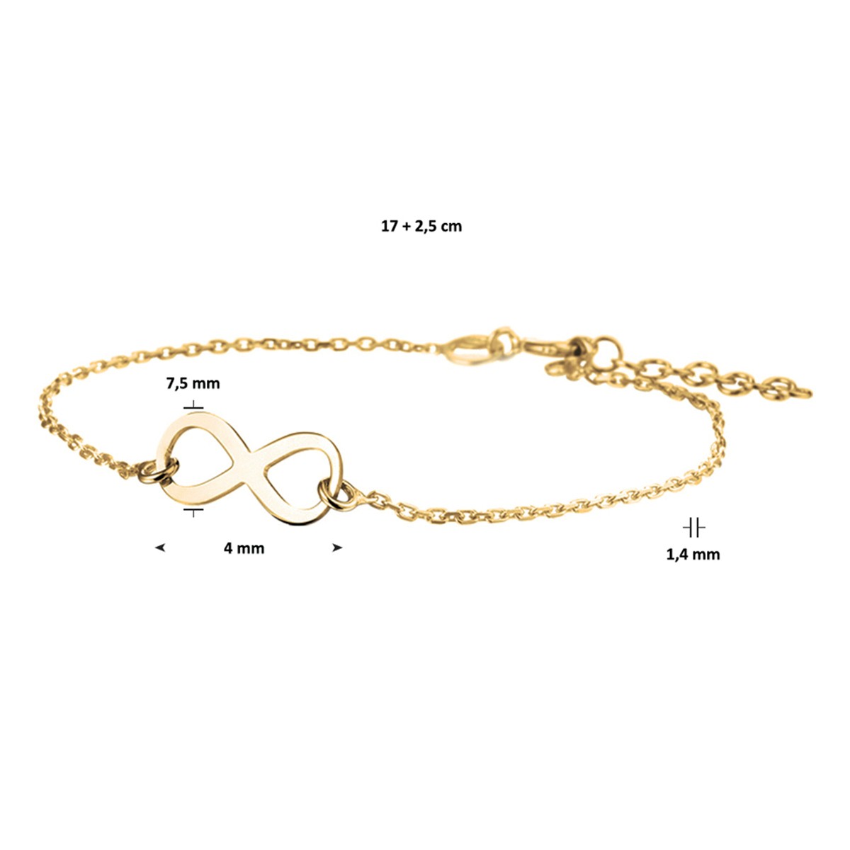 Armband infinity 17 + 2,5 cm 3 micron zilver verguld