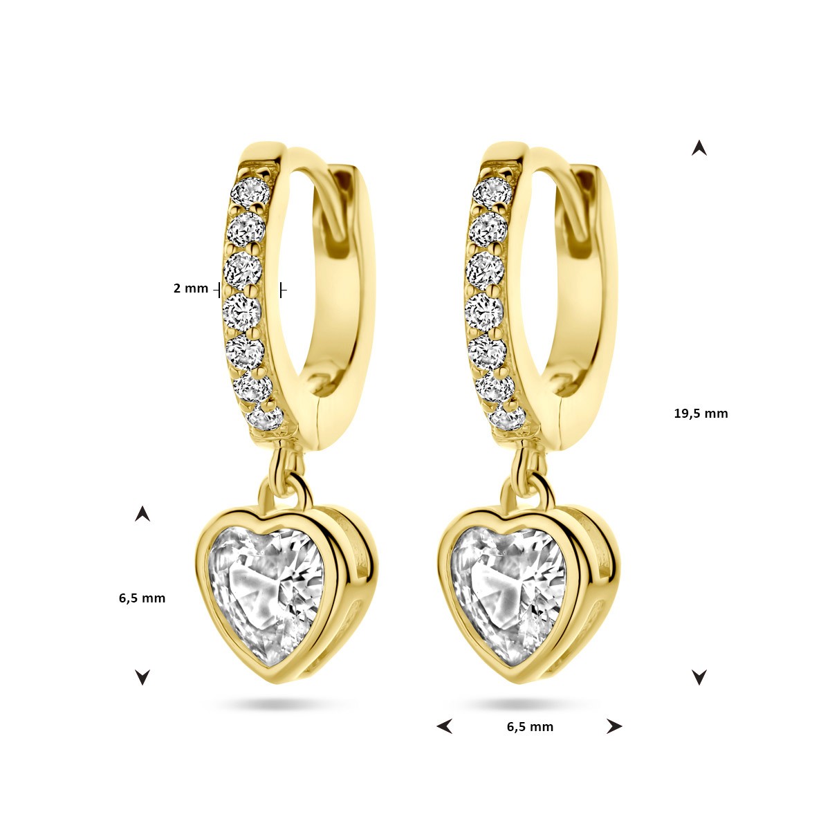 Oorbellen hart zirkonia 20 mm 1 micron zilver verguld