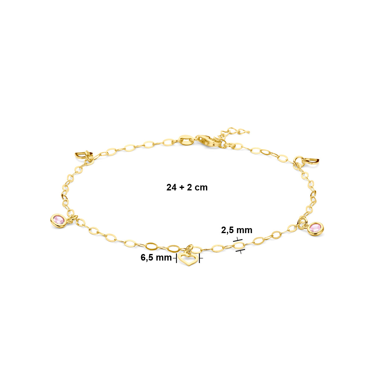 Enkelbandje hart en roze zirkonia 24 + 2 cm 3 micron zilver verguld (geel)