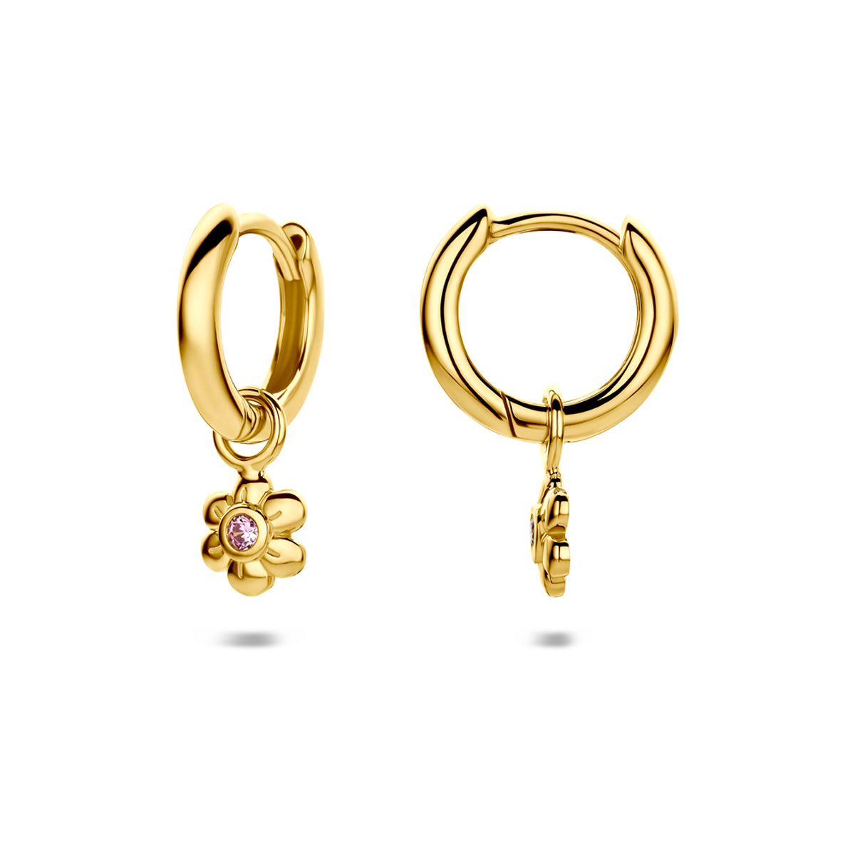 Klapoorringen bloem roze zirkonia 12 mm 1 micron zilver verguld