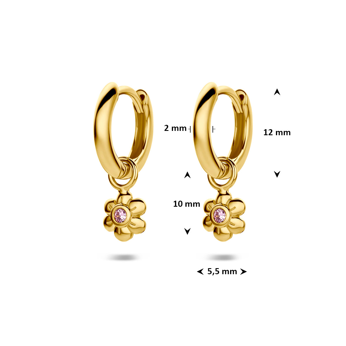 Klapoorringen bloem roze zirkonia 12 mm 1 micron zilver verguld