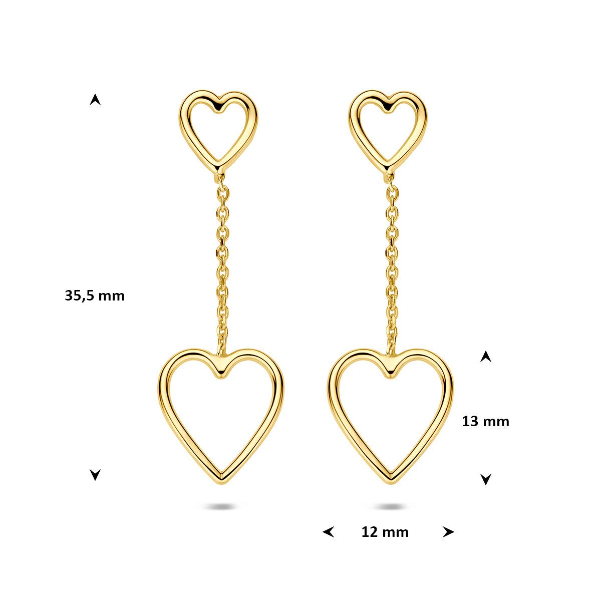 Oorhangers hartjes 35,5 mm 1 micron zilver verguld