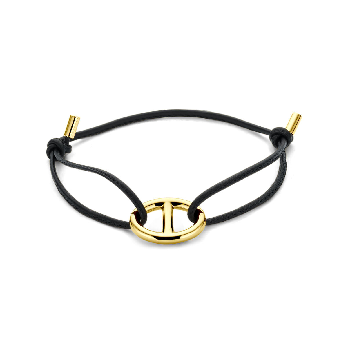 Fantasy Collection Armband zwart leer marine 15 - 26 cm 18K geelgoud