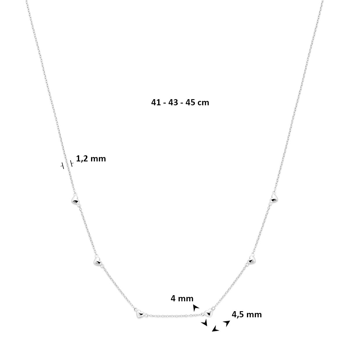 Collier hartjes 41 - 43 - 45 cm zilver gerhodineerd