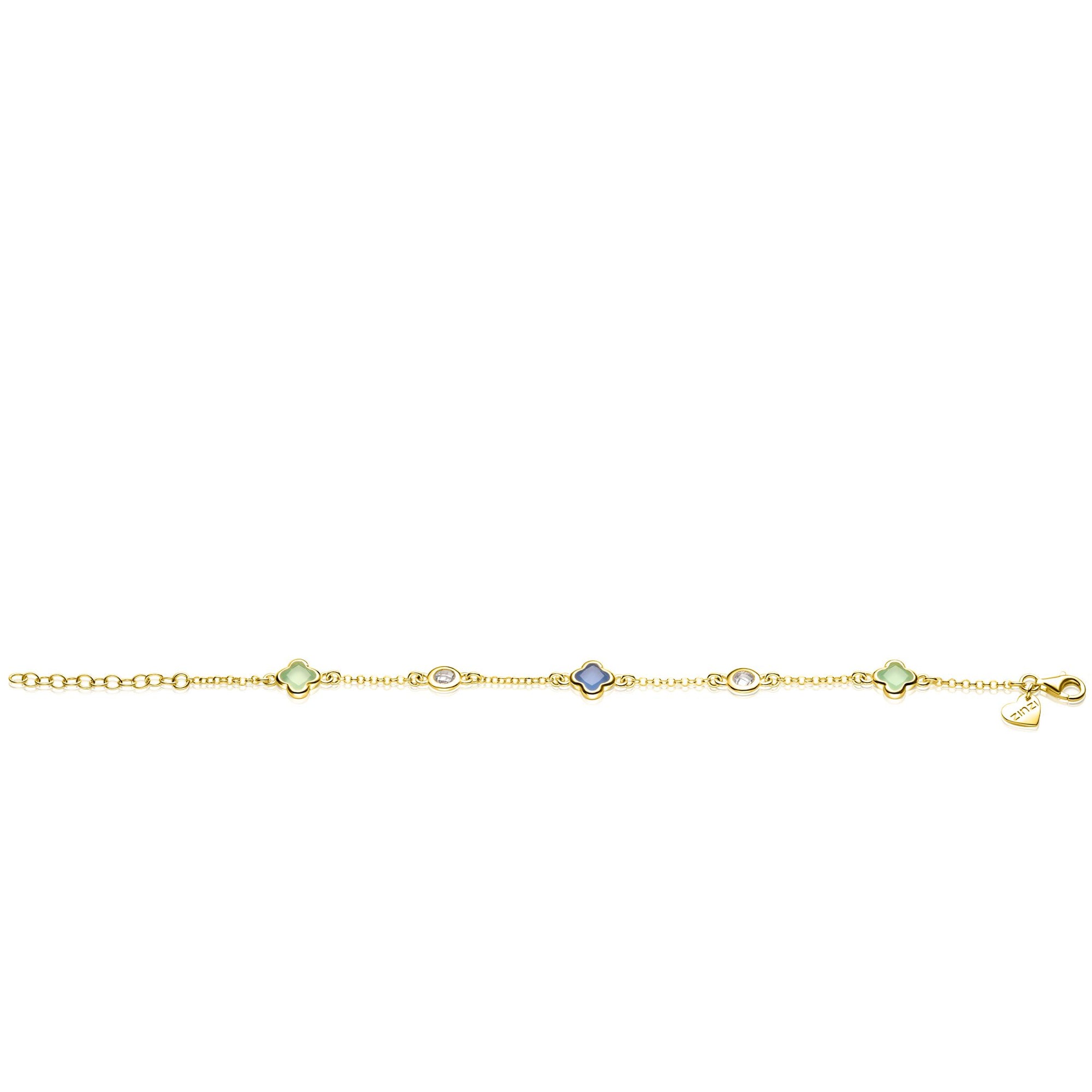 ZINZI gold plated zilveren schakel armband met twee mintgroene klavers en een blauwe klaver 17-20cm ZIA2763