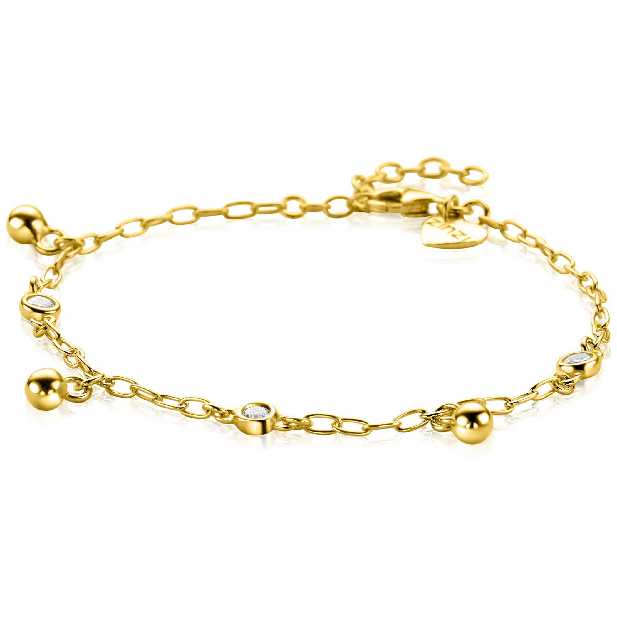 ZINZI gold plated zilveren schakel armband 9mm breed met witte zirkonia's en gladde bolletjes 17-19cm - ZIA2658