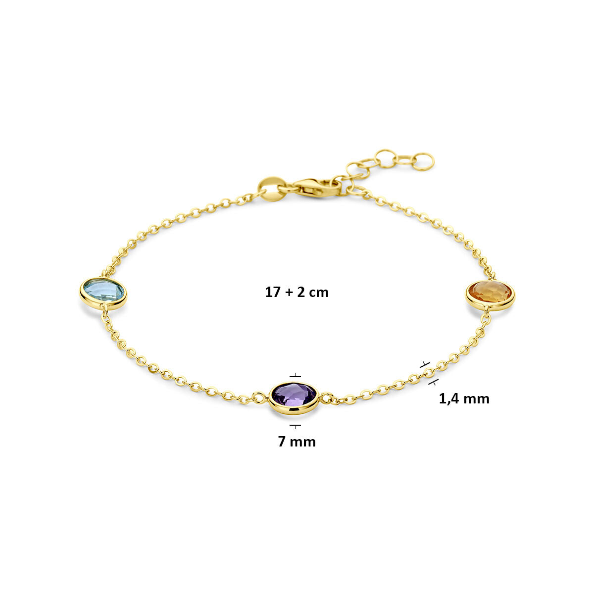 Armband citrien amethist topaas 14K geelgoud 17 + 2 cm