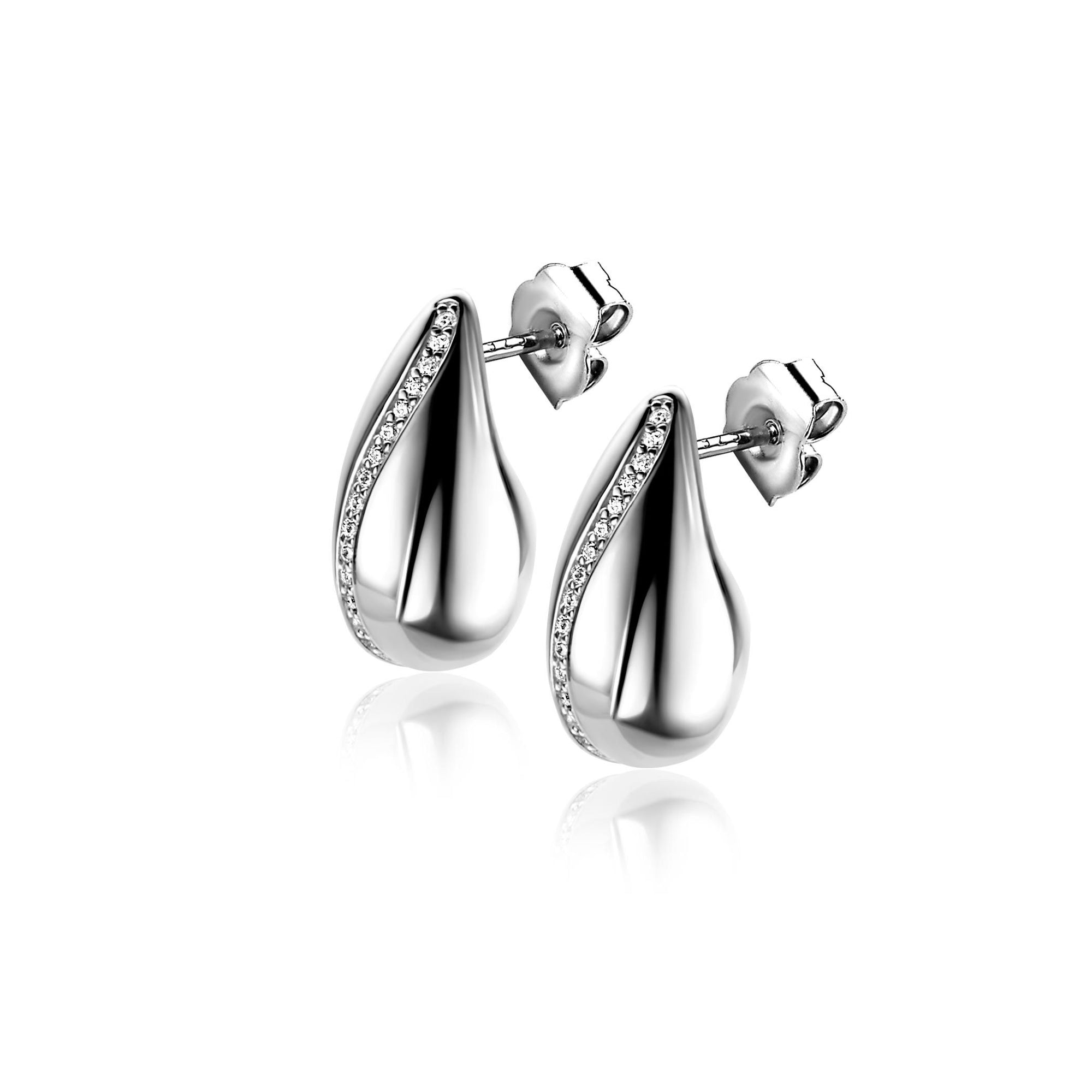 ZINZI zilveren oorstekers in druppelvorm met golvende rij witte zirkonia's 17mm ZIO2707 - PansiteNederland.nl