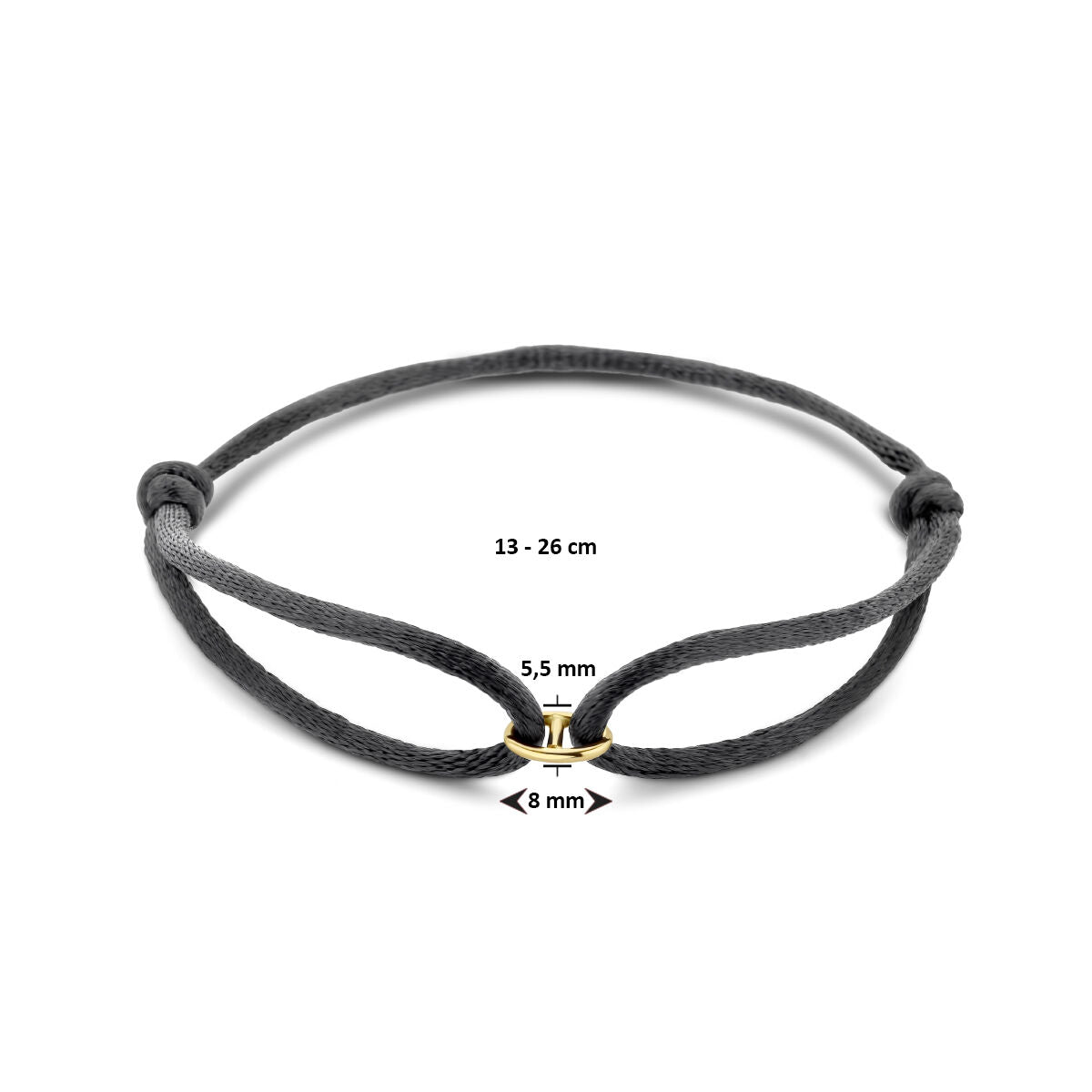 Armband satijn zwart 13 - 26 cm 14K goud met rubber/nylon/leer 5,5 x 8 mm – 4700293