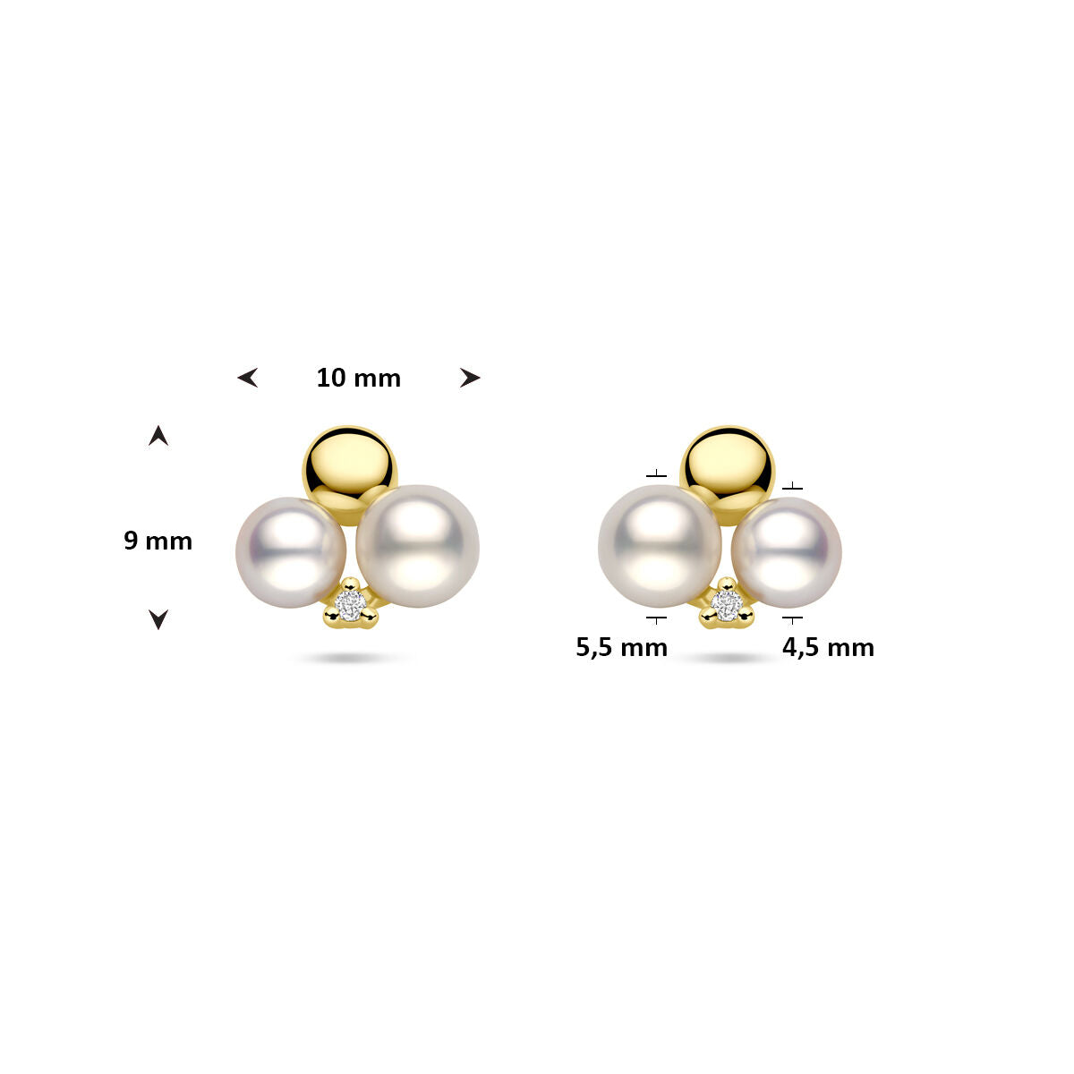 14K geelgouden oorknoppen parels en diamant 0.02ct 2x 0.01ct h si 9 mm - 4034539