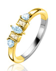 ZINZI gold plated zilveren ring met zettingen in peer, rechthoek en driehoeksvorm bezet met lichtblauwe en champagne kleurstenen ZIR2630B - PansiteNederland.nl