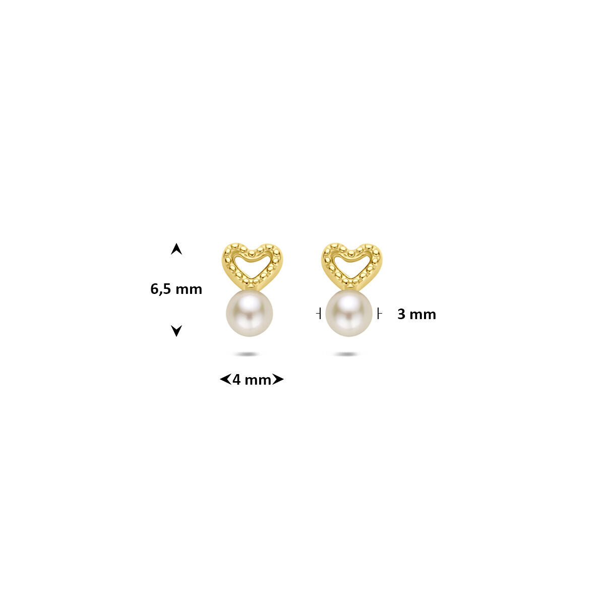 Oorknoppen hartje en parel 9K geelgoud 6,5 mm