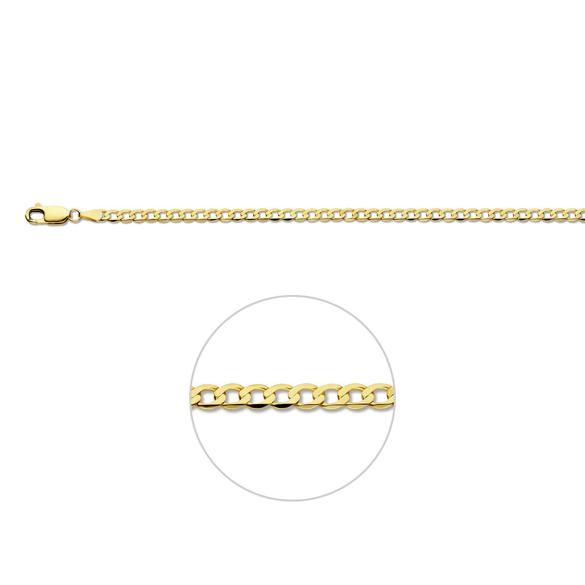 Armband gourmette wijd 6 zijdes geslepen 3,3 mm massief 9K geel