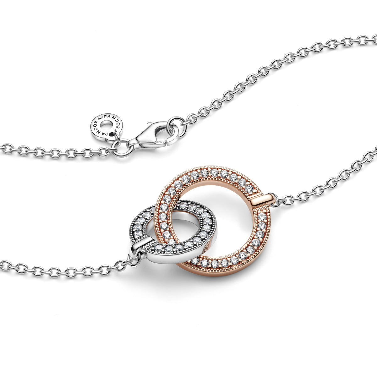 Pandora Signature tweekleurige ketting verstrengelde cirkels bicolor zilver en roségoudverguld 382778C01
