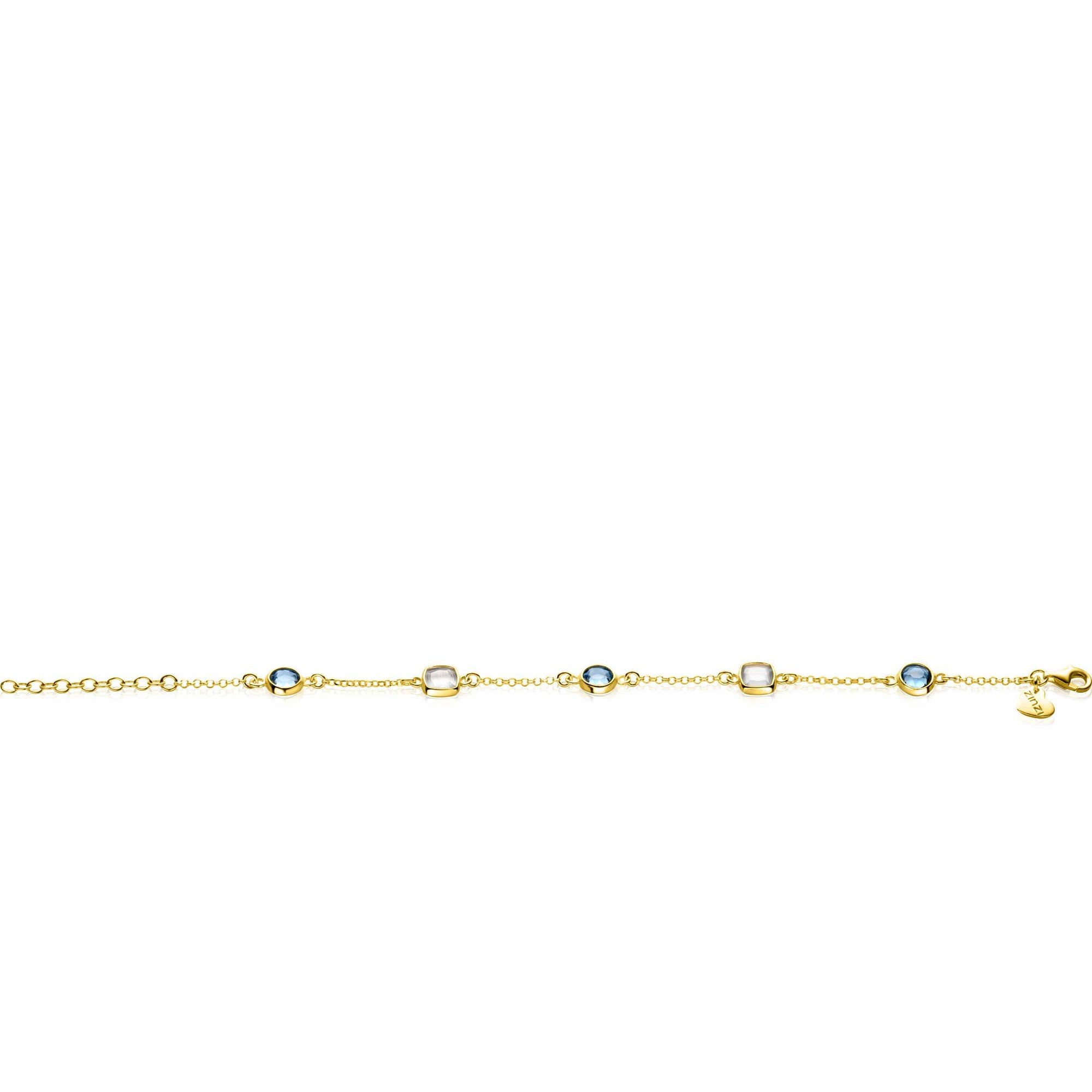ZINZI gold plated zilveren armband met ronde en vierkante zettingen jeansblauw en witgrijs 17-20cm ZIA2526G - PansiteNederland.nl