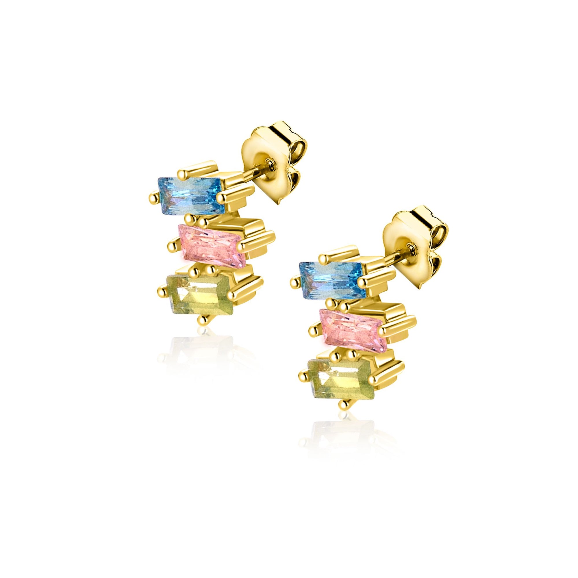 ZINZI gold plated zilveren oorstekers driekleurige baguette zirkonia 8mm ZIO2739 - PansiteNederland.nl