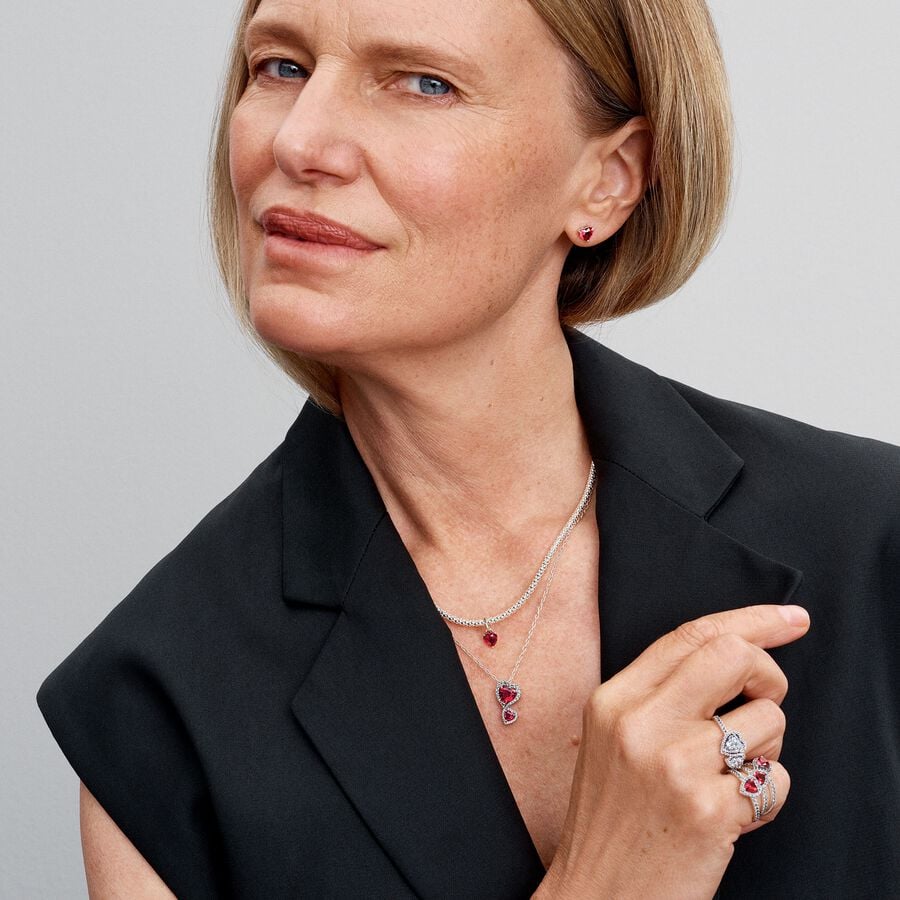 Pandora Rode Halo Harten Ketting met Hanger 393658C01 - PansiteNederland.nl