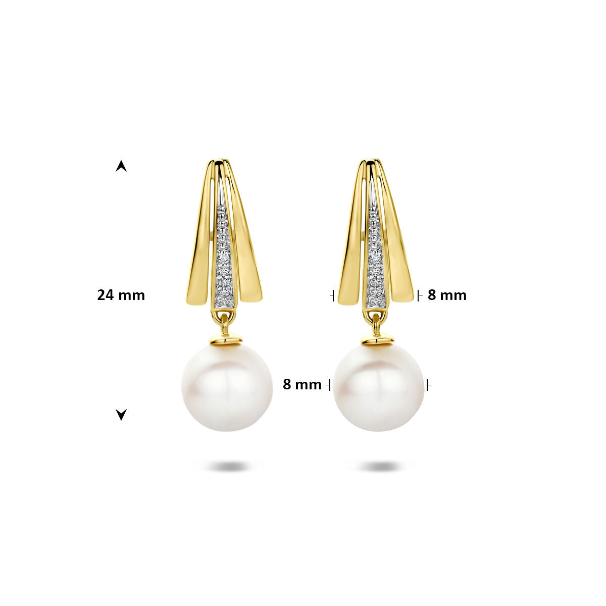 Stekeroorringen parel en diamant 0.045ct (2x 0.225ct) h si 14K geelgoud 24 mm