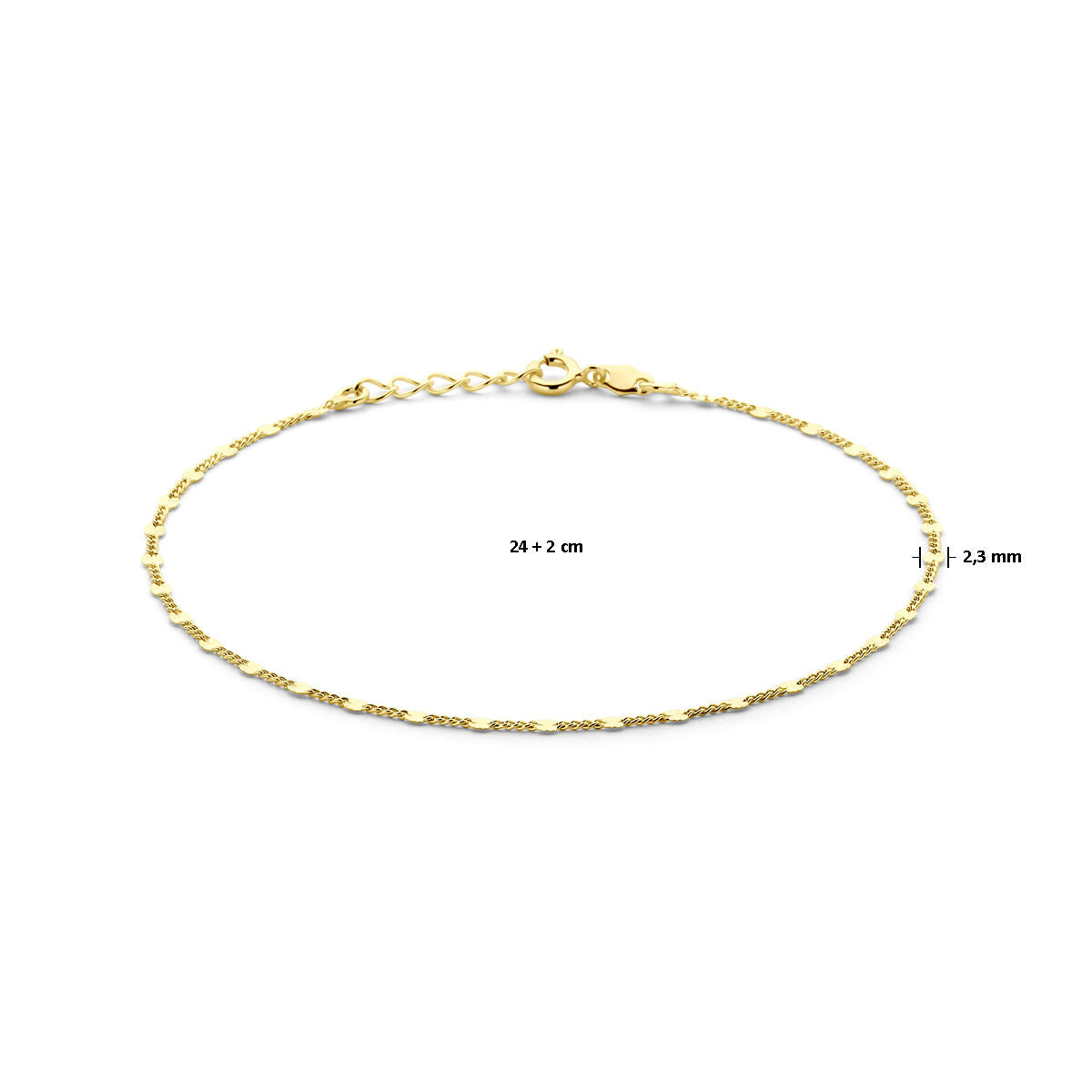 Enkelbandje 2,3 mm 24 + 2 cm 3 micron zilver verguld (geel)